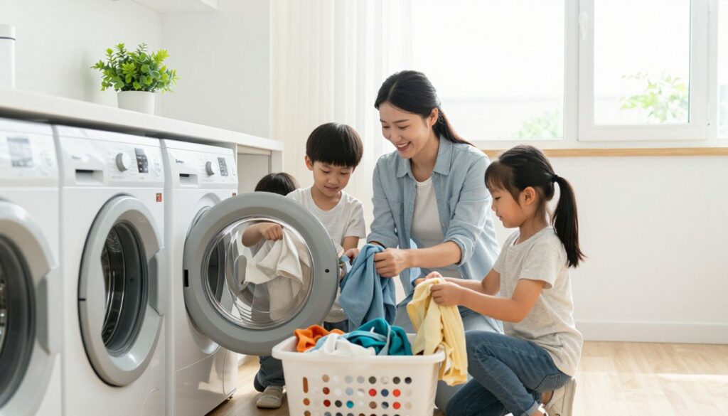 family doing laundry with modern washing machine