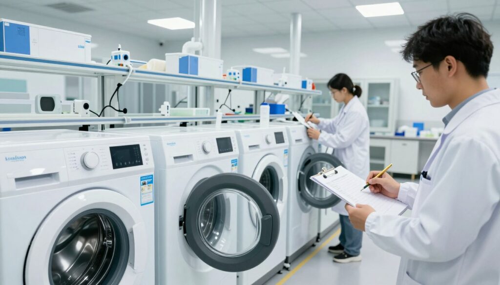 washing machine testing lab with multiple washers being evaluated